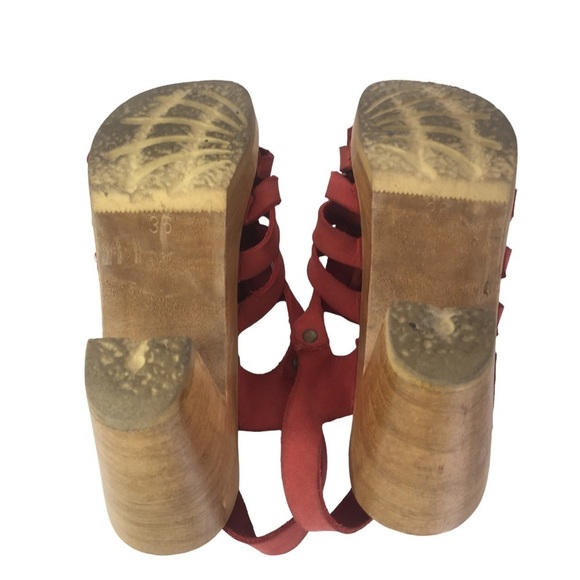 Swedish fringe wooden sandals red size 6 heeled leather - Picture 2 of 7